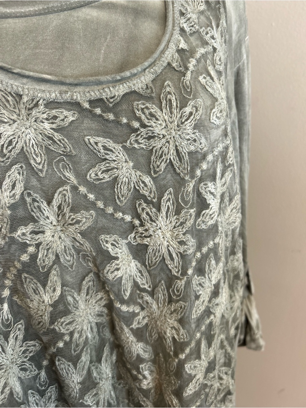 BaBa Layered Boho Tunic Dress One Size Sage Green Embroidered Lace Crinkle - Picture 3 of 5